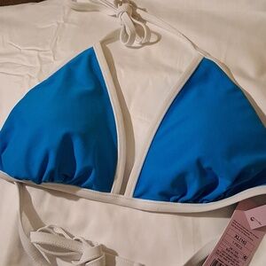 Blue Triangle Bikini Top with White Trim
